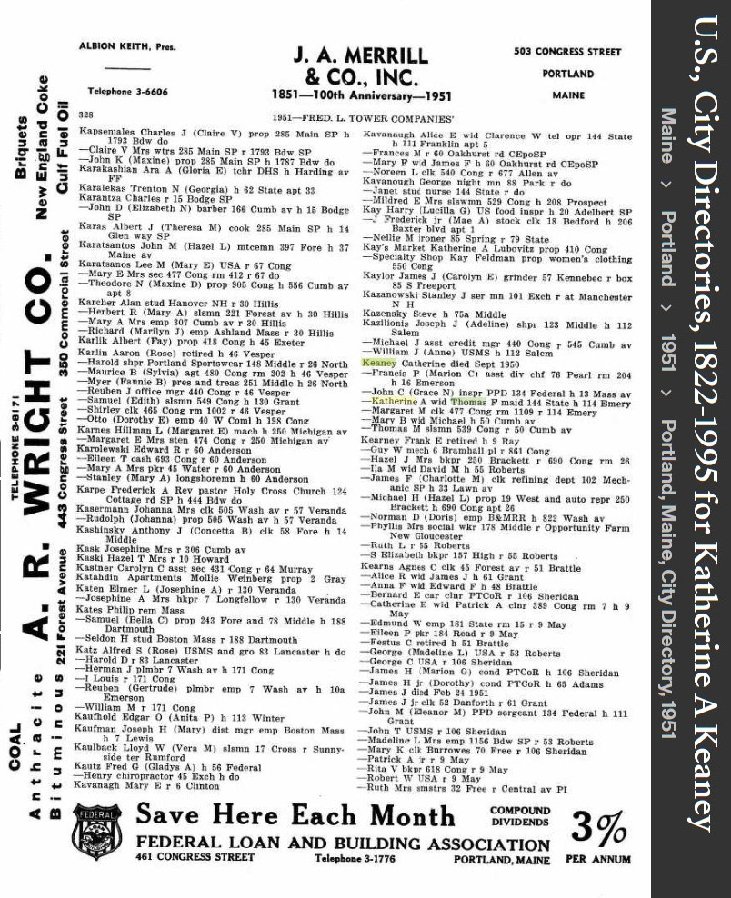 Katherine Agnes “Katie” (Brogan) Keaney -- U.S., City Directories, 1822-1995(1951)