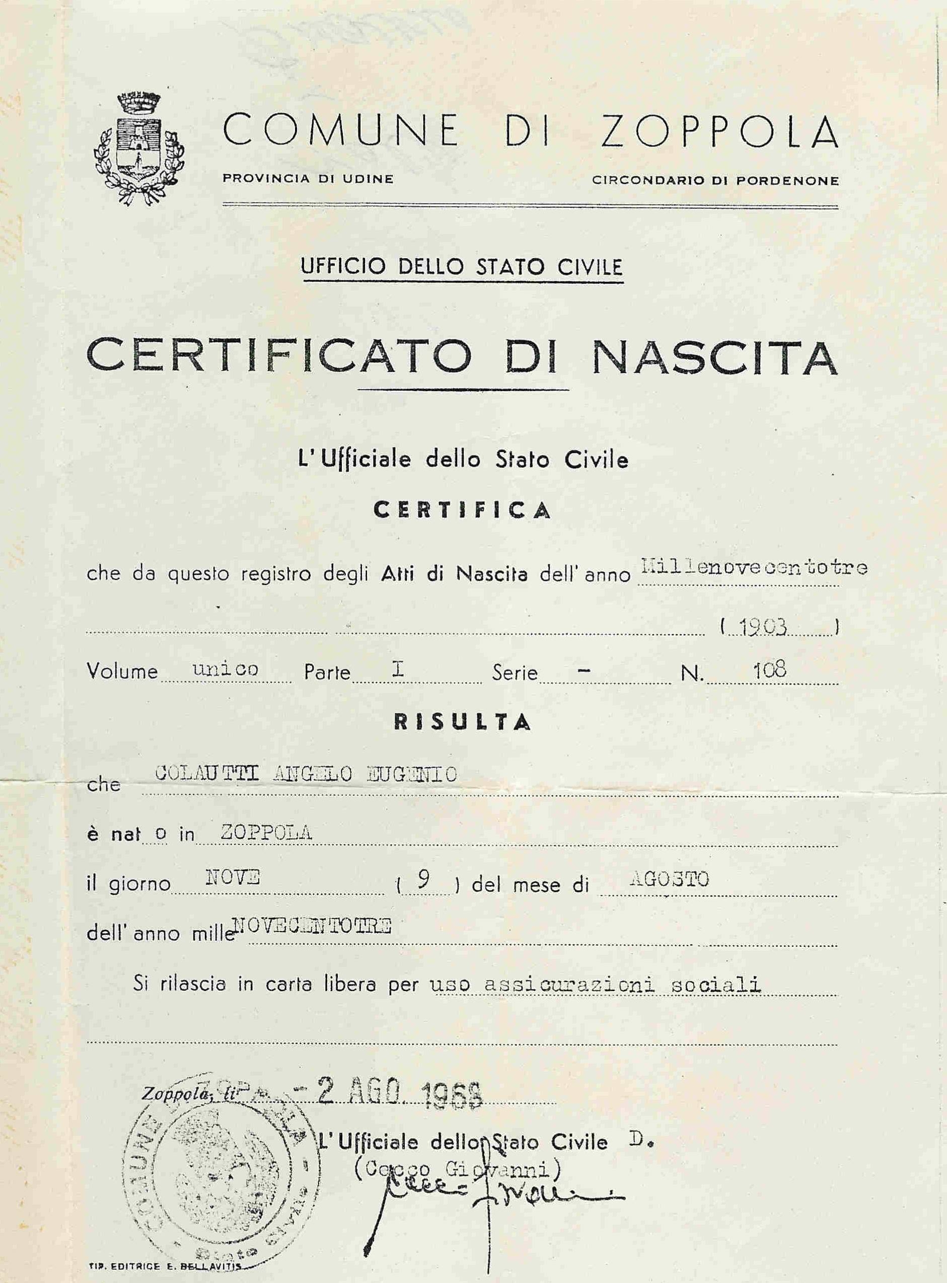 Angelo Colautti Birth Certificate