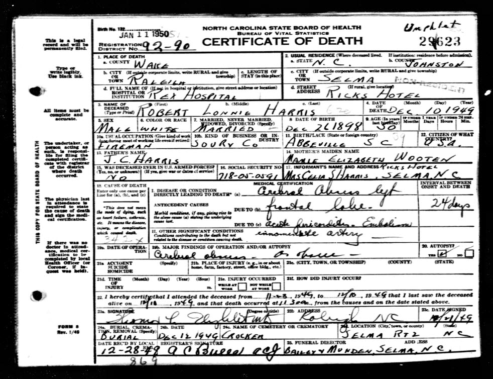 Robert Lonnie Harris Death Certificate