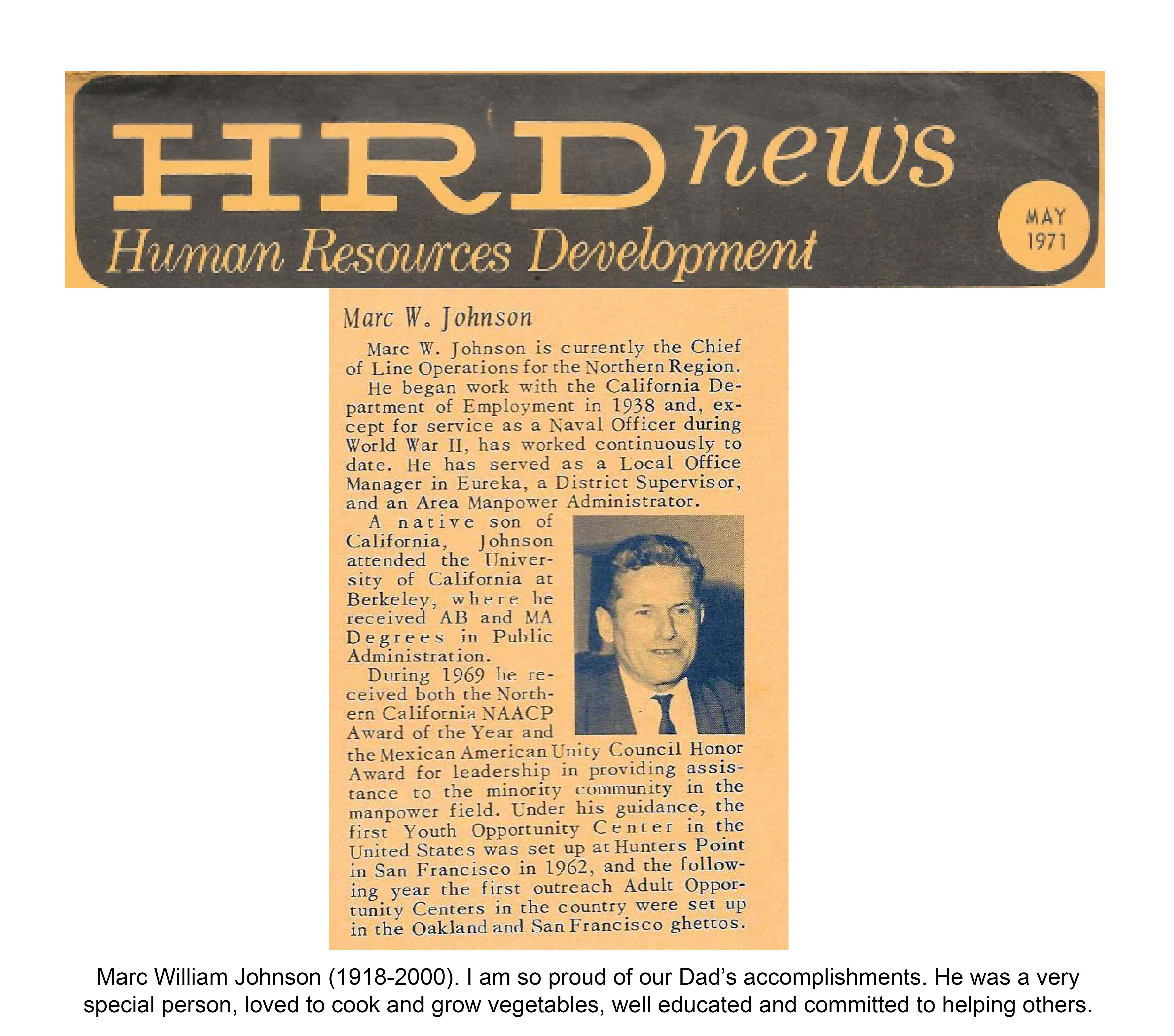 Marc William Johnson 1912-2000 Accomplishments in his professional life