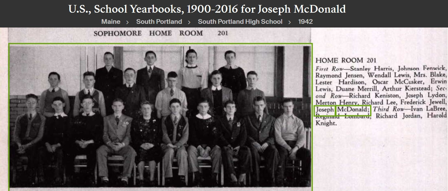 Joseph Francis McDonald--U.S., School Yearbooks, 1900-2016(1942)Sophmore Home Room 201