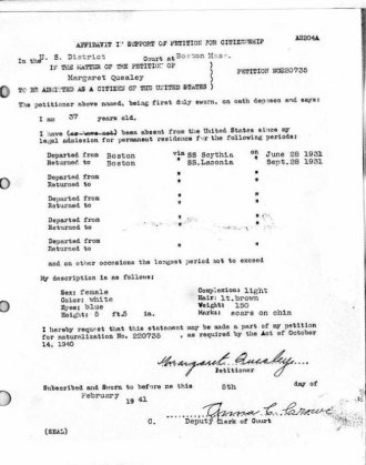 Margaret E. (Hehir) Quealey--Massachusetts, U.S., State and Federal Naturalization Records, 1798-1950(1941)c