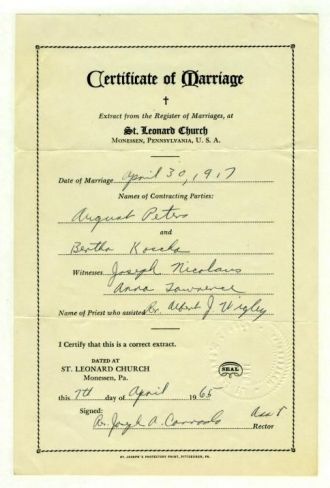 August Peters Bertha Koscho Wedding Certificate