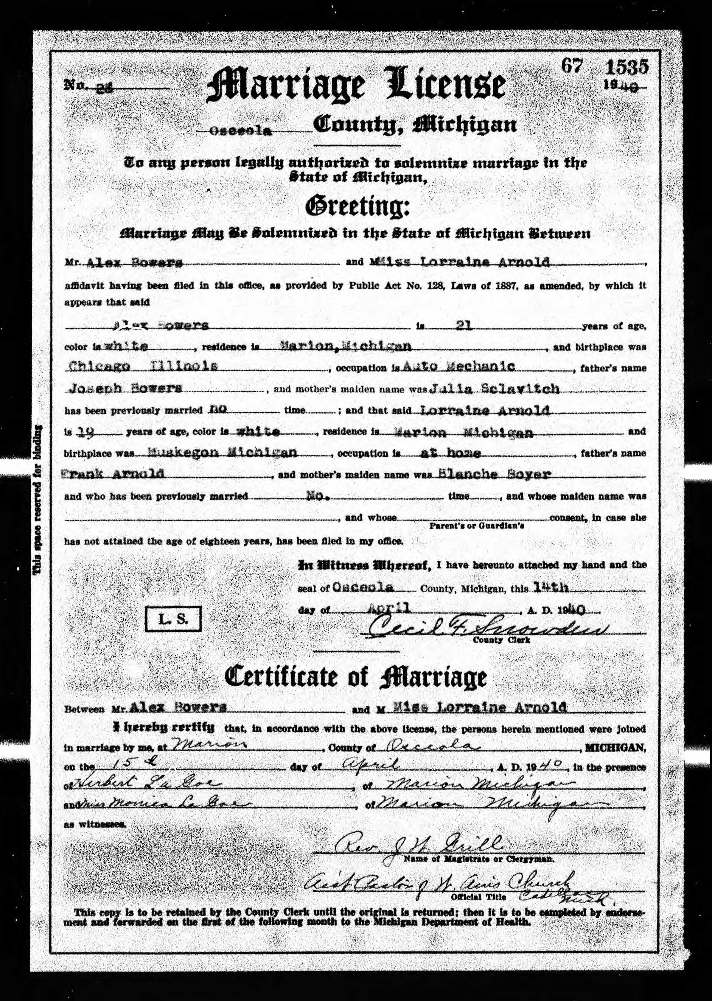 Lorraine (Arnold) and Alex Bowers Marriage Certificate