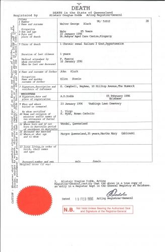 Walter George Kluck death certificate
