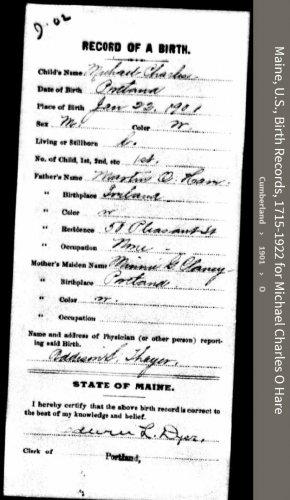 Michael Charles O'hare--Maine, U.S., Maine, U.S., Birth Records, 1715-1922(1901)