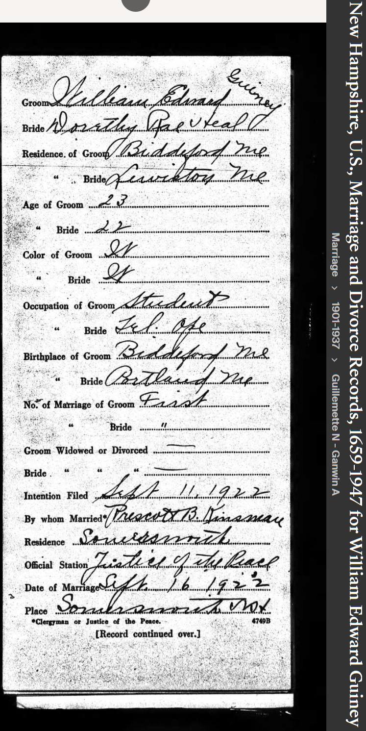 William Edward Guiney--New Hampshire, U.S., Marriage and Divorce Records, 1659-19471st marriage- front
