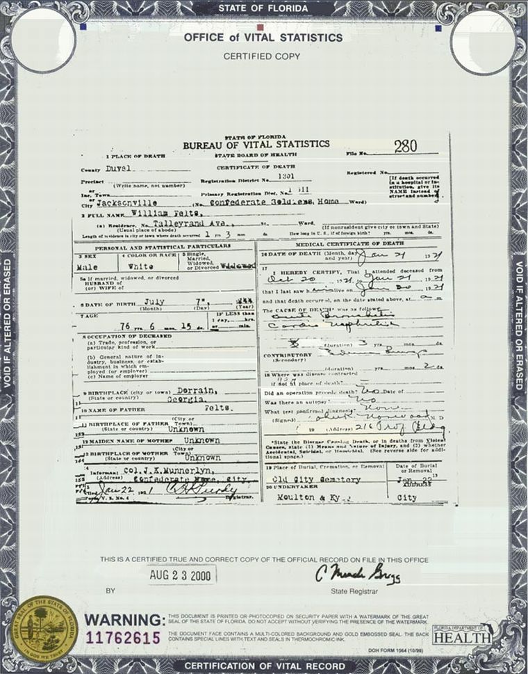 Death Certificate of William E. Felts