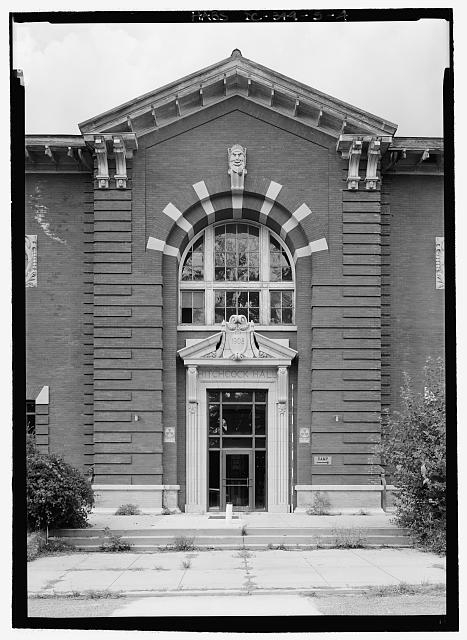 Detail view of central entrance bay of south elevation,...
