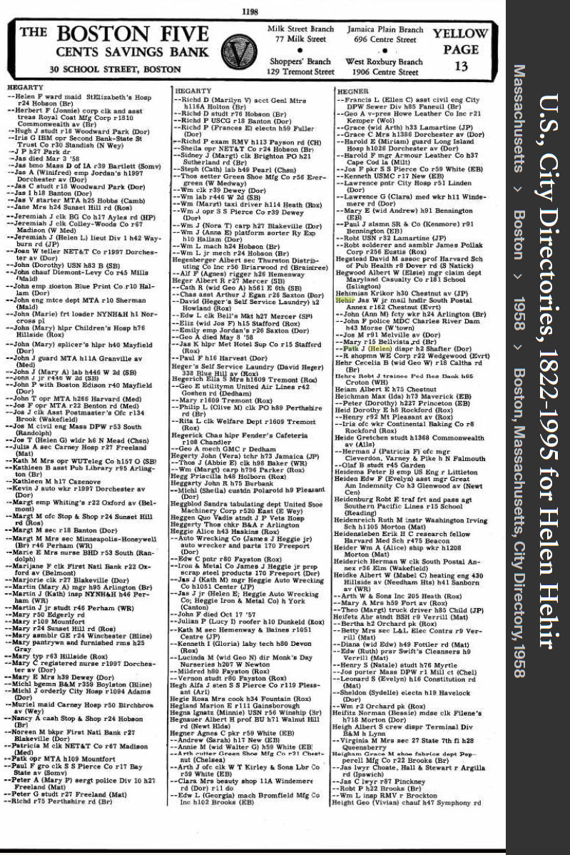 Helen "Nellie" (Supple) Hehir---U.S., City Directories, 1822-1995(1958)