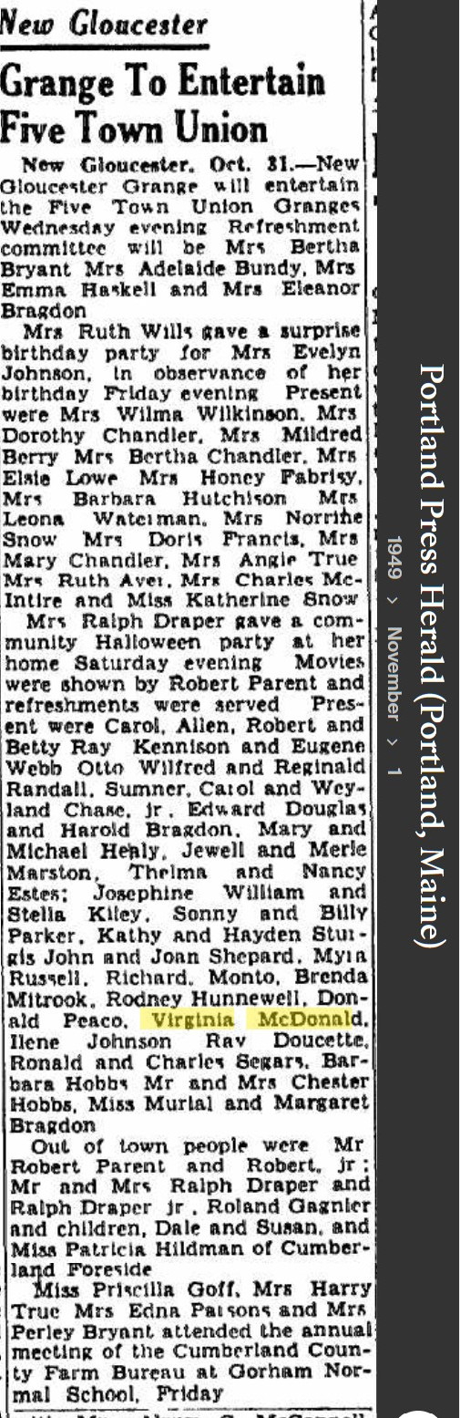 Virginia Ann (McDonald) Kandola--Portland Press Herald (Portland, Maine)1 nov 1949