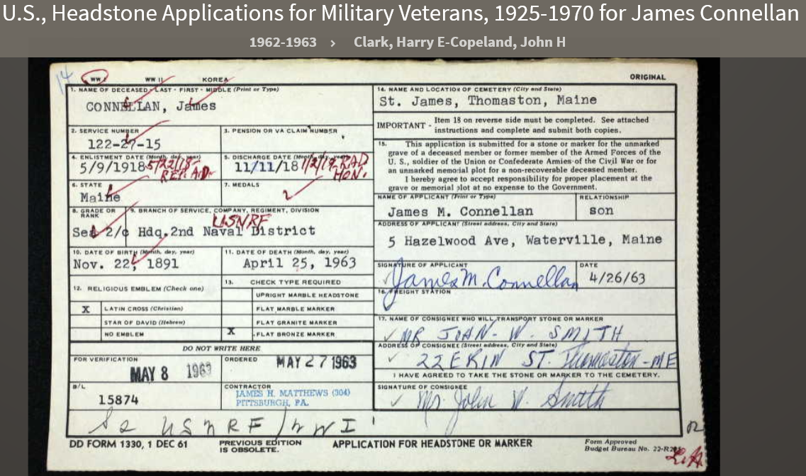 James J Connellan--U.S., Headstone Applications for Military Veterans, 1925-1970(26 apr 1963)