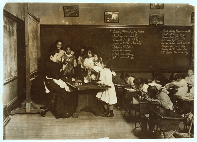 "Steamer Glass" in Hancock School, Boston. Immigrant...