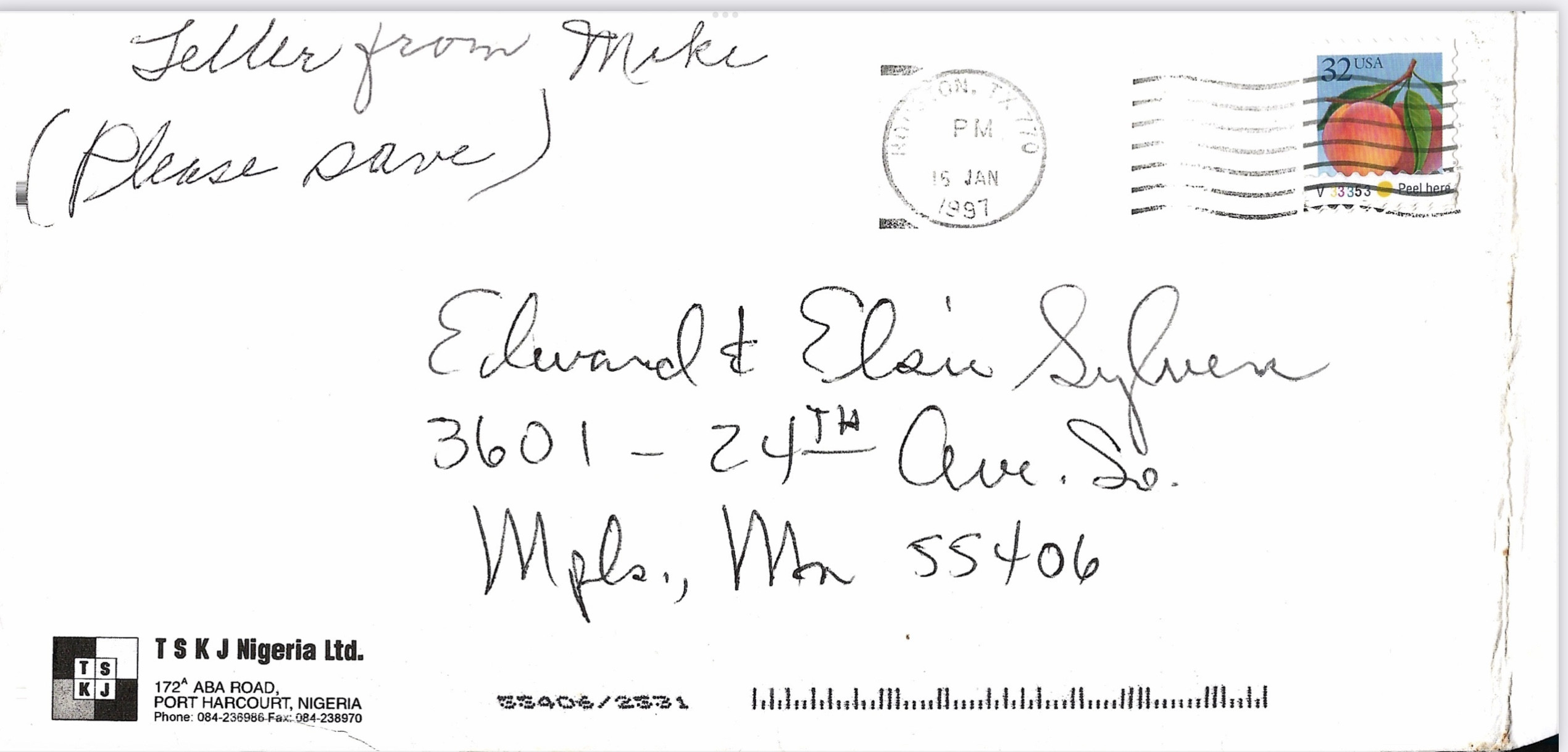 Front of a Letter Written by Michael to his Mother Elsie B Sylvers (moore)