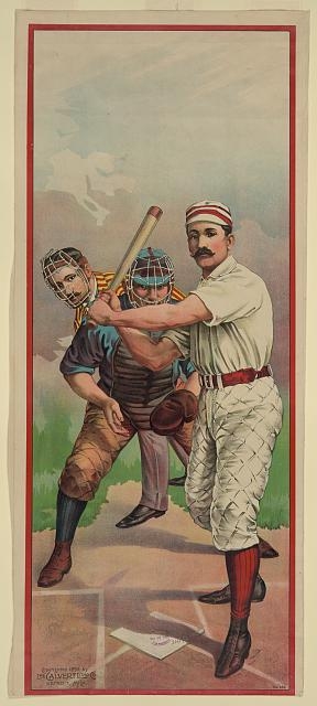 [Baseball player at bat, in front of catcher and umpire]