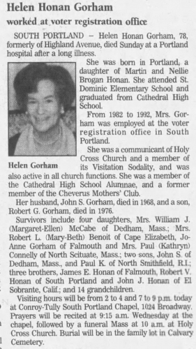 Helen Frances (Honan) Gorham --obituary