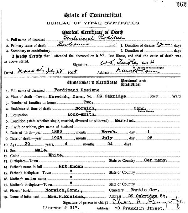 Ferinand Rosiene Death Certificate