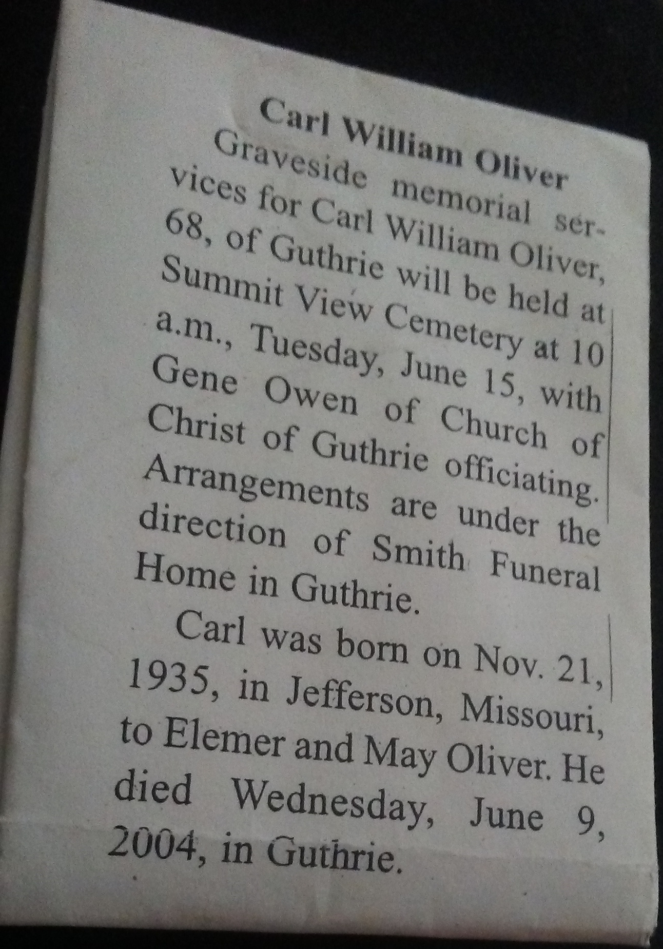 Carl Oliver Obituary