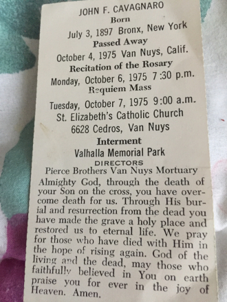 John F Cavagnaro Funeral Card