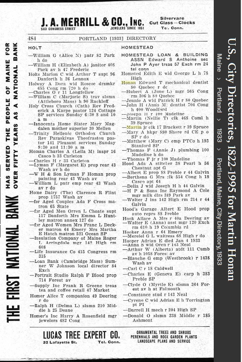 Martin Matthew Honan Sr--U.S., City Directories, 1822-1995(1933)