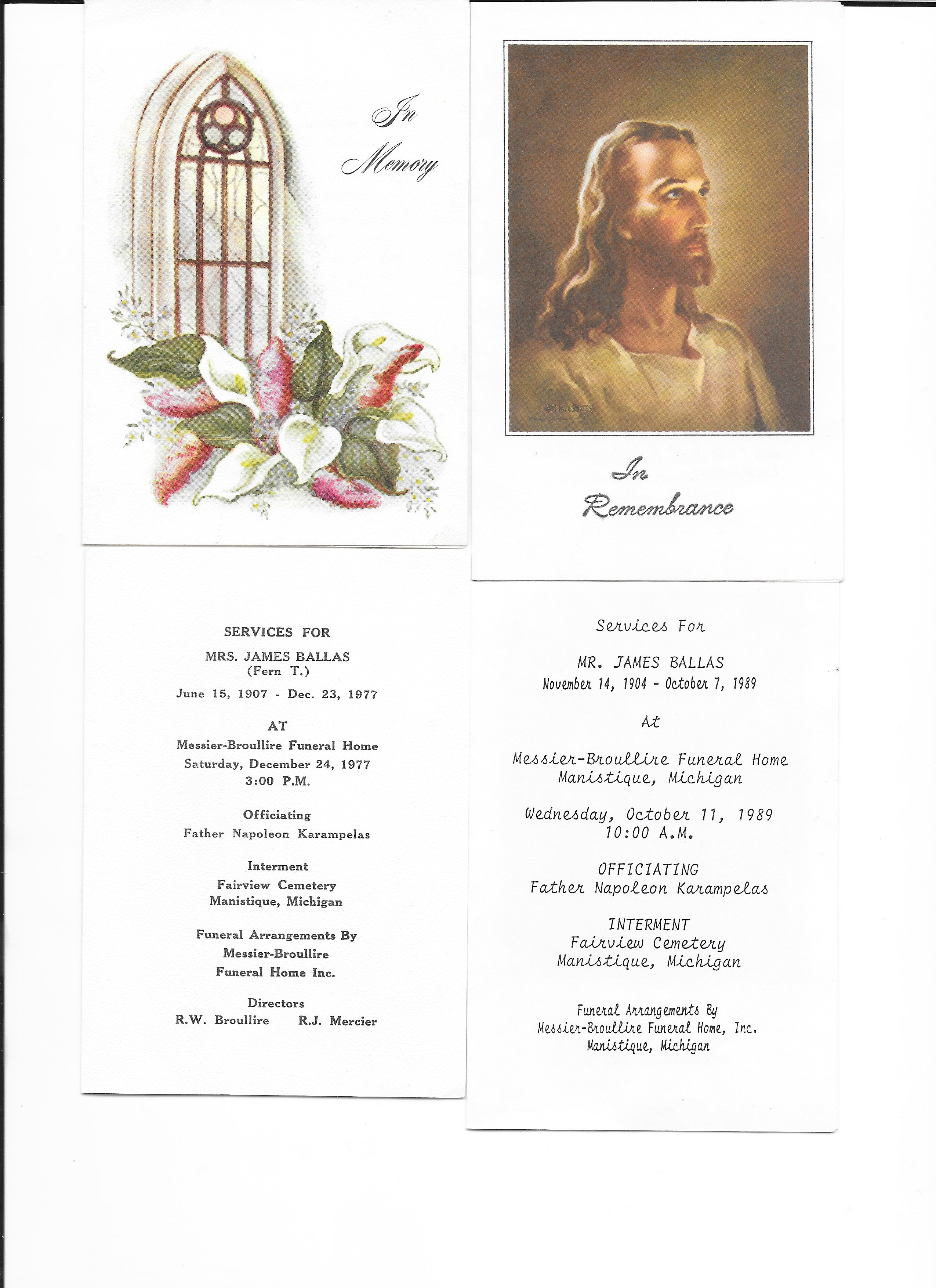 GRANDMA & GRANDPA BALLAS' HOLLY MERMORIAL CARDS