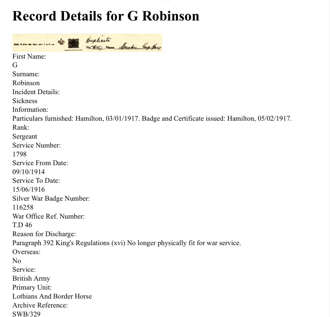 Army Record Details WW1
