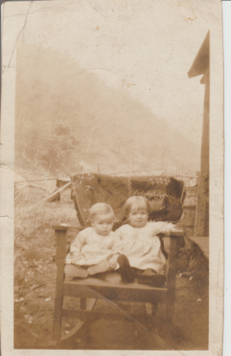 Appalachian Babies with a 1890's Crazy Quilt, Mountain Background