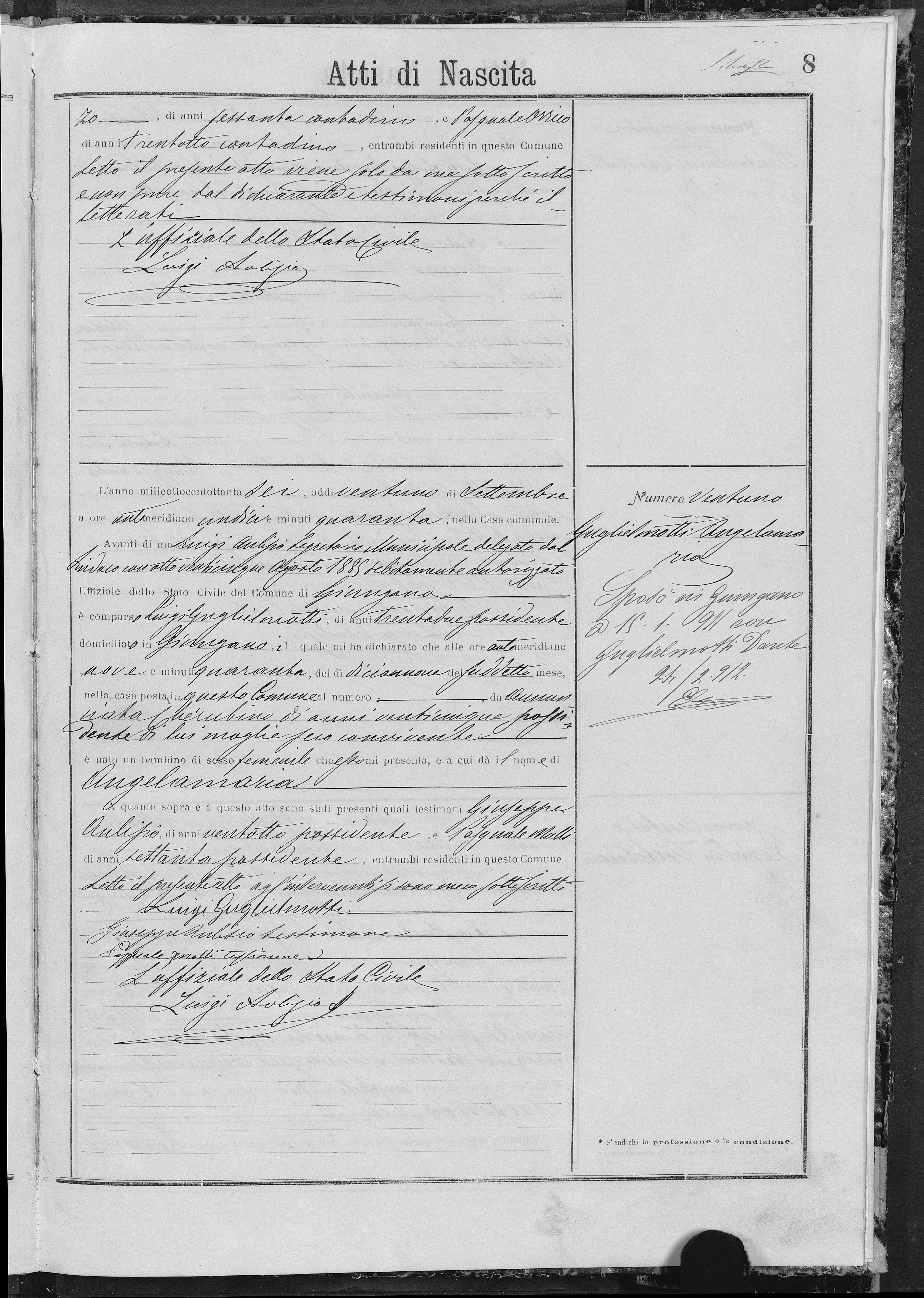 Angela Guglielmotti, Birth Certificate