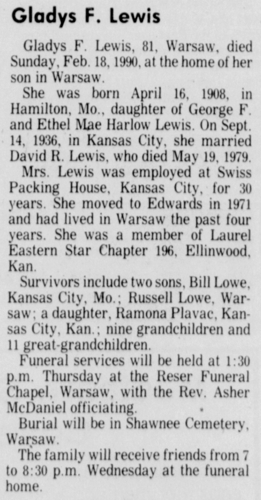 Gladys Faye (Lewis) Lewis Obituary