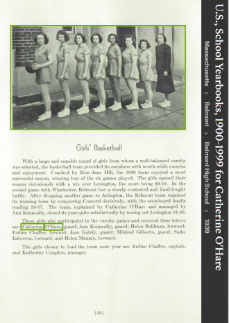 Catherine Dorothy (O'Hare) Lind--U.S., School Yearbooks, 1900-1999(1939)basketball a