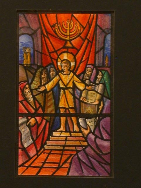 [Design drawing for stained glass window showing young...