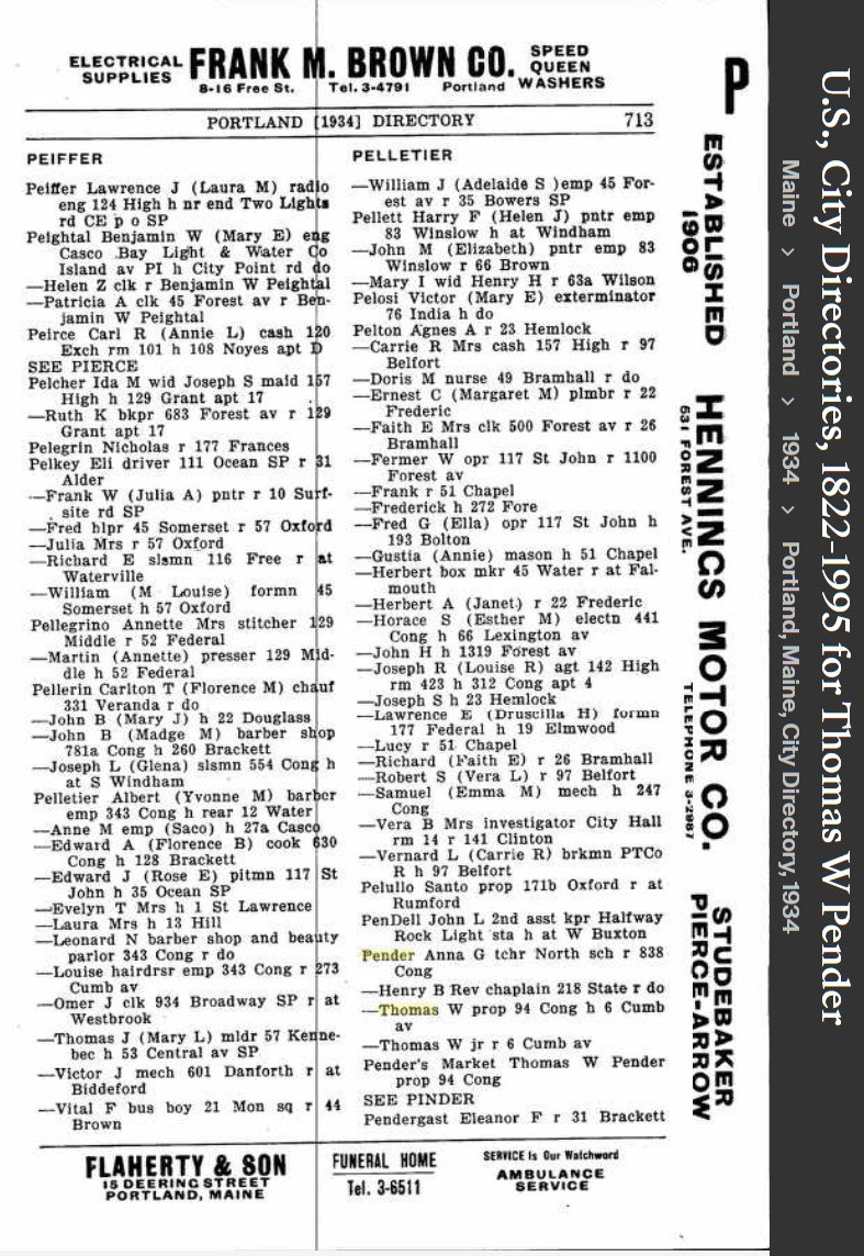 Thomas William Pender Sr --U.S., City Directories, 1822-1995(1934)