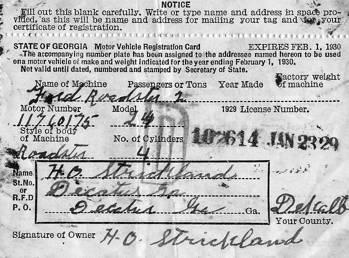 Harold Oscar Strickland vehicle registration