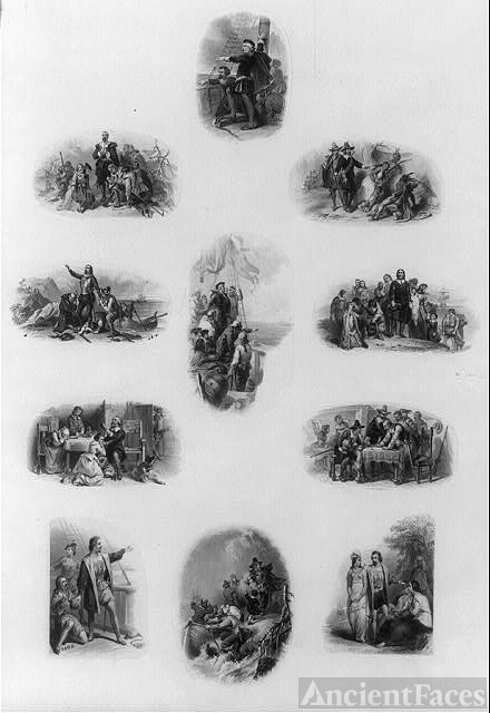 [Bank note vignettes showing pilgrims, Christopher...