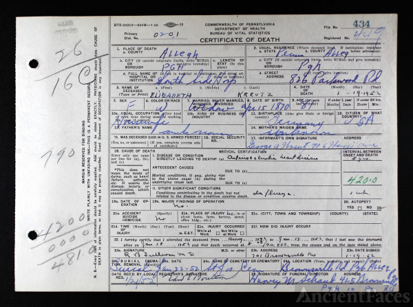 Elizabeth Kreutz (Seifarth) Death Certificate
