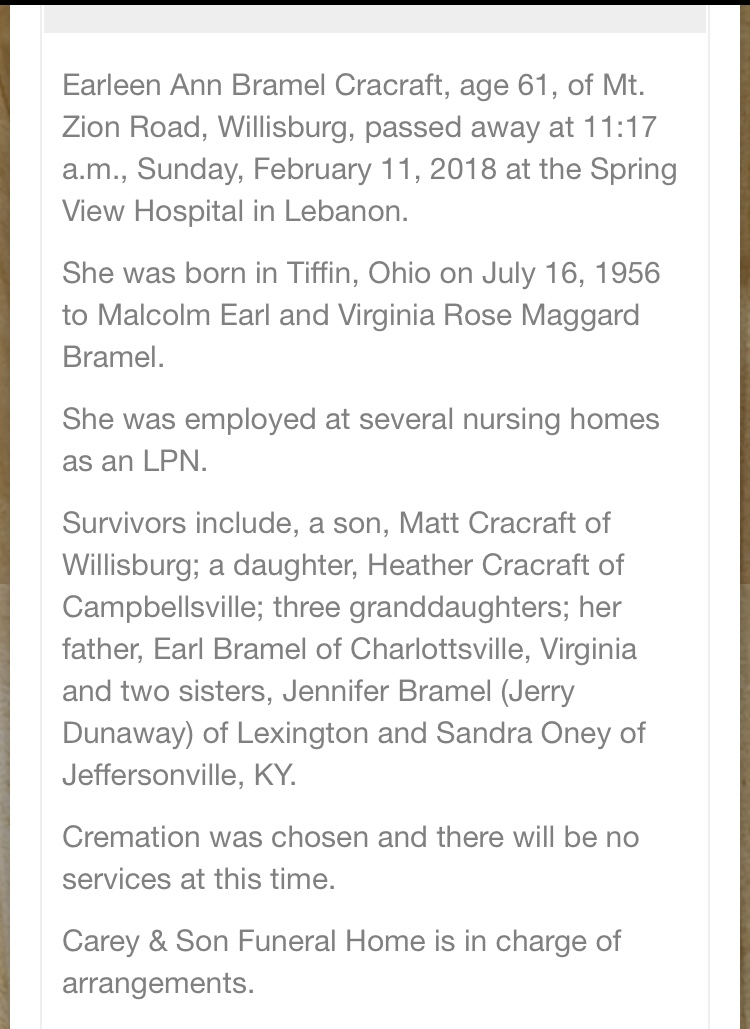 Earleen Ann (Bramel) Cracraft obituary