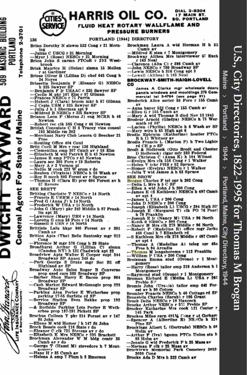 Thomas Michael Brogan --U.S., City Directories, 1822-1995(1944)