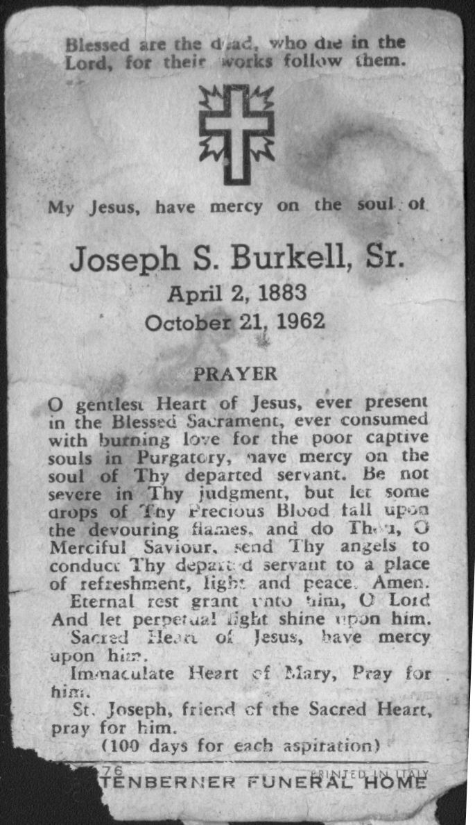 Joseph Sebastion Burkell Sr's funeral card