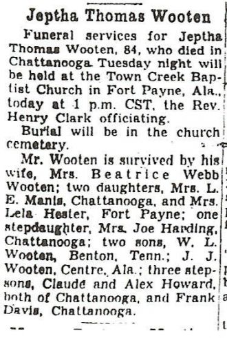 Obituary of Jeptha Thomas Wooten