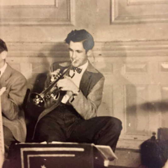 BA playing his trumpet in Big Band as a young man.