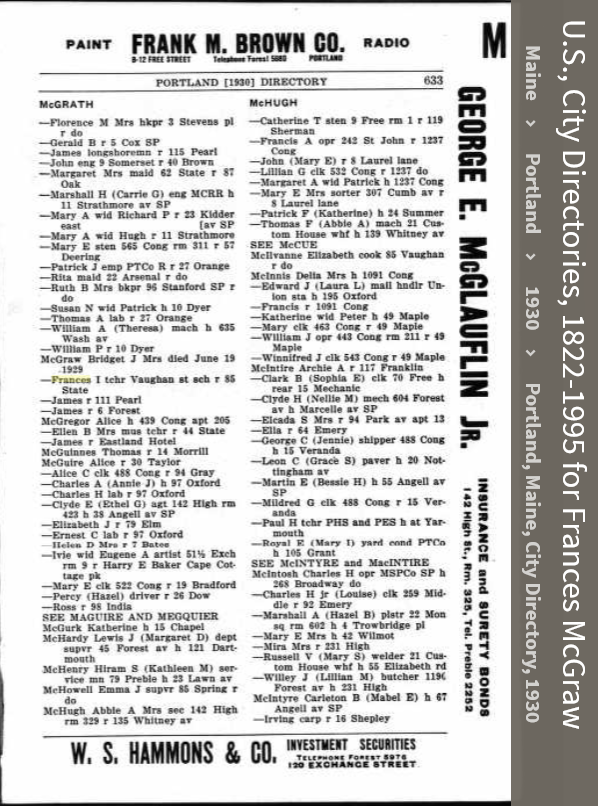 Frances Irene (Connellan) McGraw--U.S., City Directories, 1822-1995(1930)