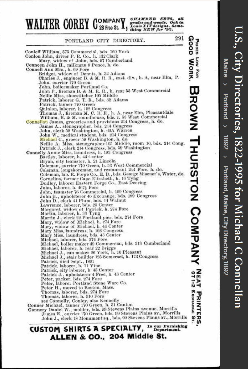 Michael Charles Connellan--U.S., City Directories, 1822-1995(1892)