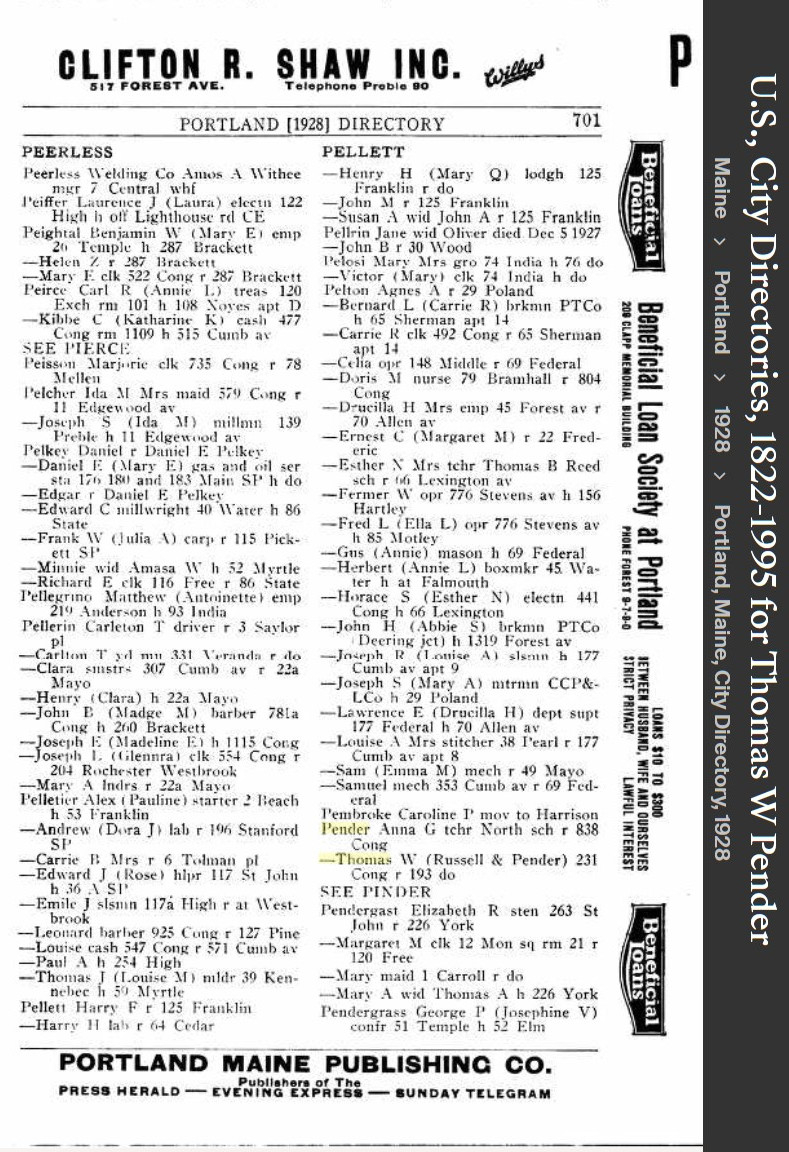 Thomas William Pender Sr --U.S., City Directories, 1822-1995(1928)
