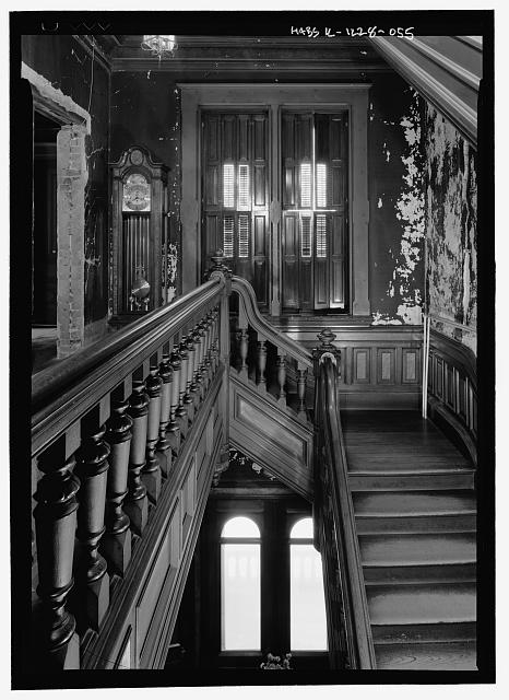 Second floor, stairway, railings, quarterspace landing,...
