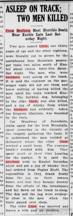 Newspaper Article about the Crow Brothers death by train