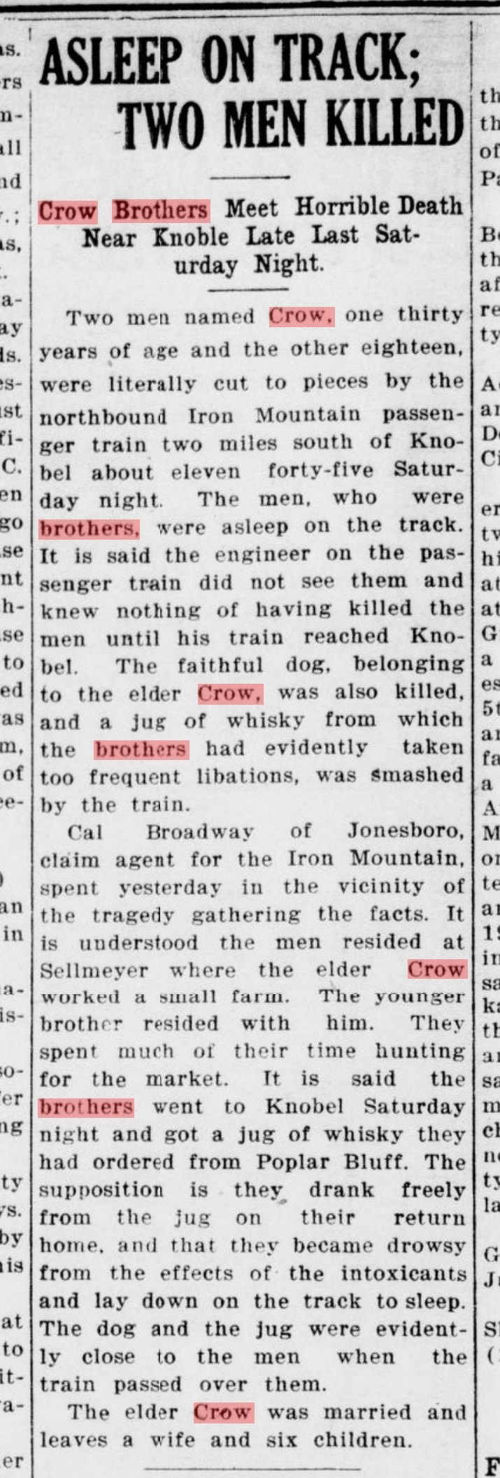 Newspaper Article about the Crow Brothers death by train