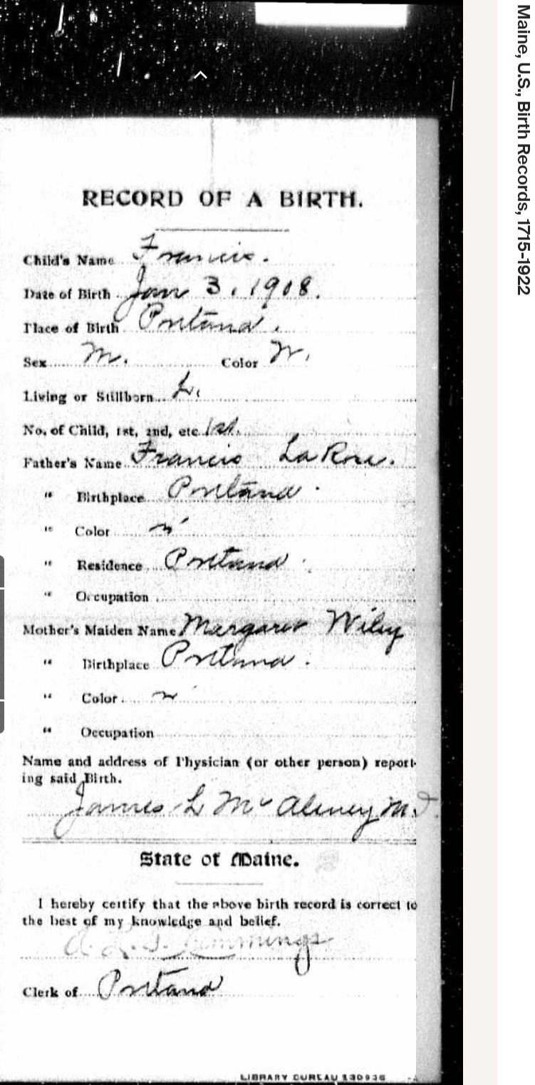 Francis Joseph Larose Jr. --Maine, U.S., Birth Records, 1715-1922(3 jan 1908)