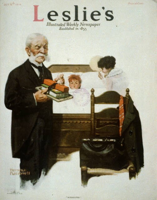 "Schoolitis" [small boy in bed; elderly doctor holds...