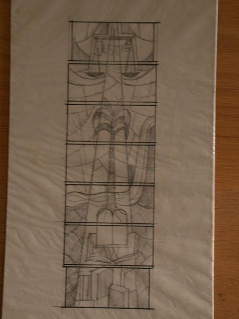 [Design drawing for stained glass window with text...