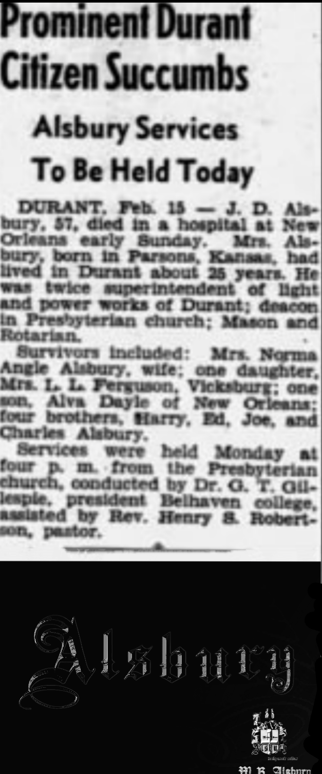 J D Alsbury Obituary, Jackson MS.